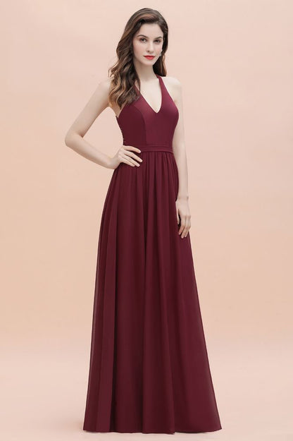 Elegante vestido de dama de honor de gasa con escote en V y espalda descubierta, vestido de fiesta de corte acampanado con lentejuelas