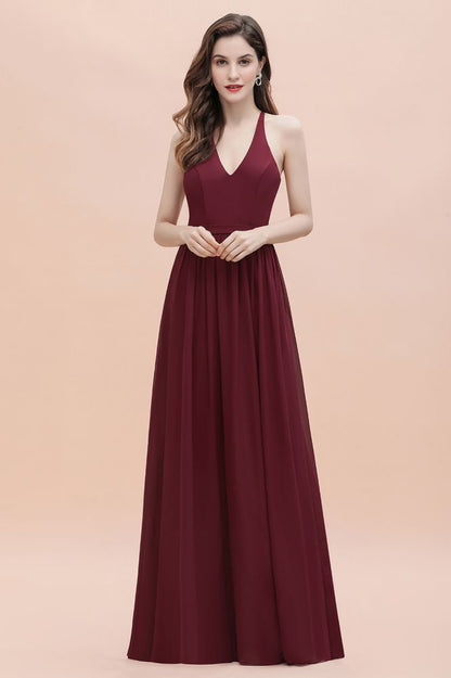 Elegante vestido de dama de honor de gasa con escote en V y espalda descubierta, vestido de fiesta de corte acampanado con lentejuelas