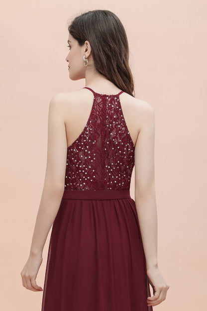 Elegante vestido de dama de honor de gasa con escote en V y espalda descubierta, vestido de fiesta de corte acampanado con lentejuelas