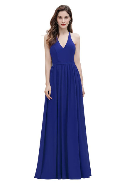 Elegante vestido de dama de honor de gasa con escote en V y espalda descubierta, vestido de fiesta de corte acampanado con lentejuelas