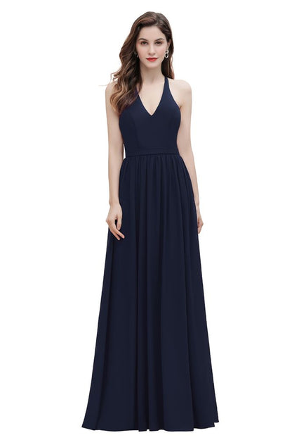 Elegante vestido de dama de honor de gasa con escote en V y espalda descubierta, vestido de fiesta de corte acampanado con lentejuelas