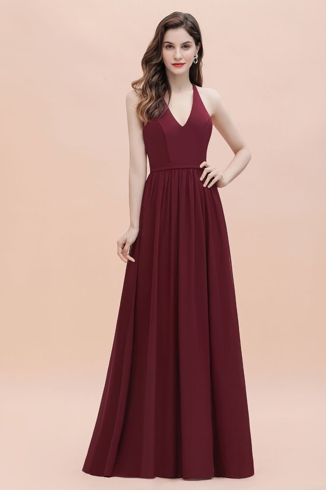 Elegante vestido de dama de honor de gasa con escote en V y espalda descubierta, vestido de fiesta de corte acampanado con lentejuelas