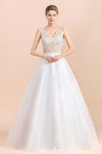 Elegant V-Neck Floral Lace A-line Wedding Dress Beach Sleeveless Tulle Church Dress