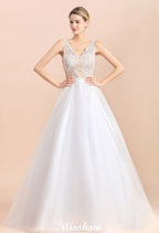 Elegant V-Neck Floral Lace A-line Wedding Dress Beach Sleeveless Tulle Church Dress