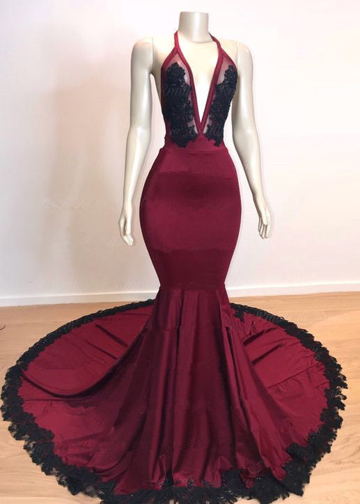 Elegante abito da sera a sirena con scollo a V e applicazioni, modello halter