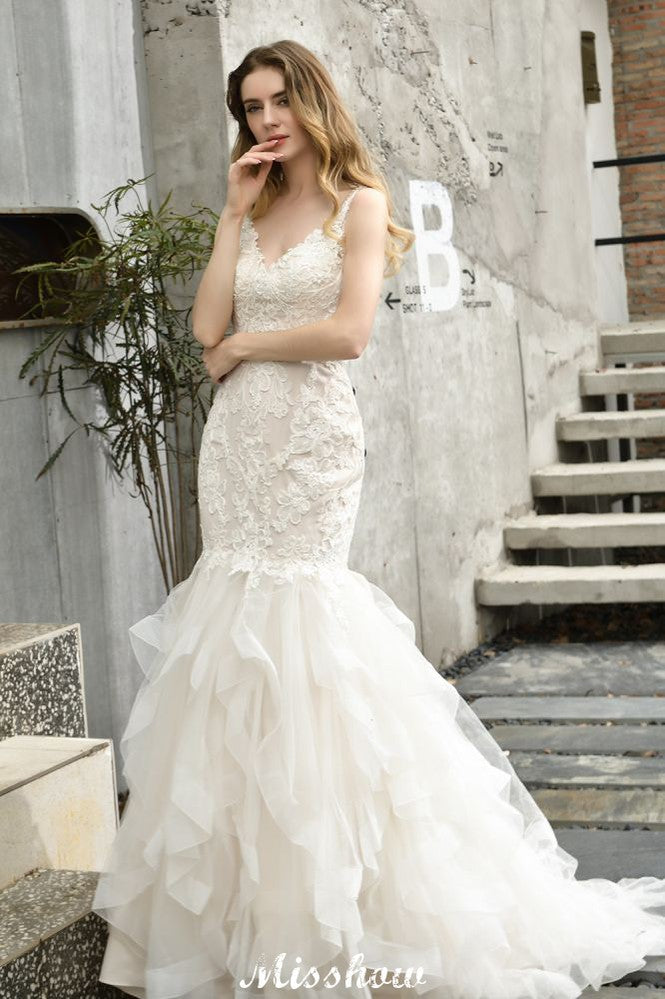 فستان زفاف أنيق برقبة على شكل حرف V، ذيل حورية البحر، من التول مع تطريزات الدانتيل، فستان زفاف منتفخ