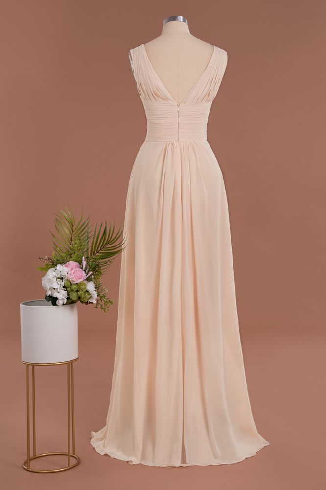 Elegante V-Ausschnitt Rüschen Schlichte Abendkleider | A-Linie Ärmellose Chiffon Abendkleider