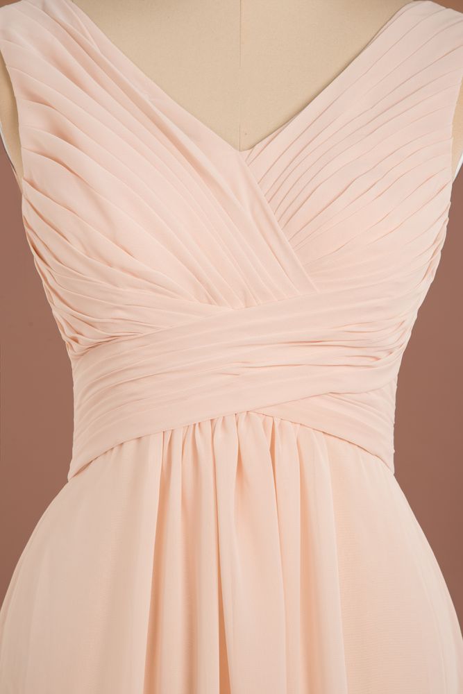 Elegante V-Ausschnitt Rüschen Schlichte Abendkleider | A-Linie Ärmellose Chiffon Abendkleider
