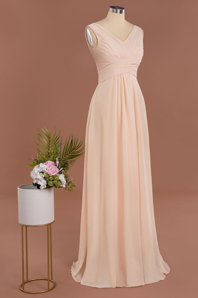 Elegante V-Ausschnitt Rüschen Schlichte Abendkleider | A-Linie Ärmellose Chiffon Abendkleider