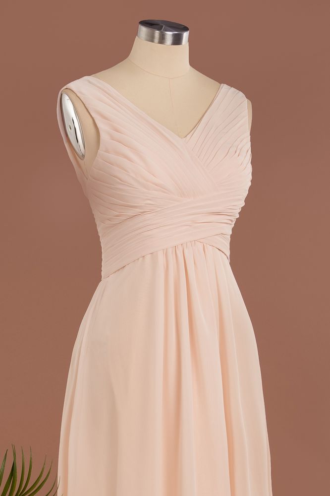Elegante V-Ausschnitt Rüschen Schlichte Abendkleider | A-Linie Ärmellose Chiffon Abendkleider