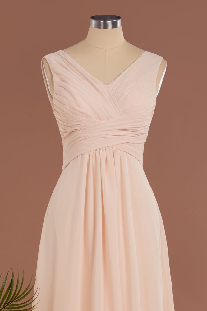 Elegant V-Neck Ruffles Simple Formal Dresses | A-Line Sleeveless Chiffon Evening Dresses