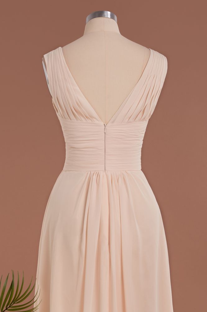 Elegante V-Ausschnitt Rüschen Schlichte Abendkleider | A-Linie Ärmellose Chiffon Abendkleider