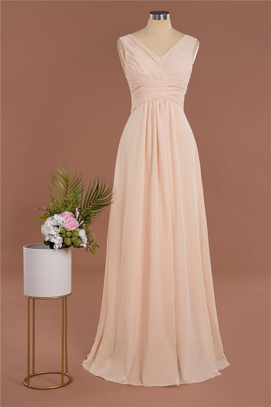 Elegante V-Ausschnitt Rüschen Schlichte Abendkleider | A-Linie Ärmellose Chiffon Abendkleider