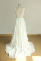 Elegant V Neck Sleeveless Lace Wedding Dresses White A Line Chiffon Bridal Gown