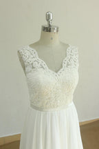 Elegant V Neck Sleeveless Lace Wedding Dresses White A Line Chiffon Bridal Gown
