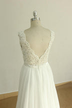 Elegant V Neck Sleeveless Lace Wedding Dresses White A Line Chiffon Bridal Gown