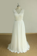 Elegant V Neck Sleeveless Lace Wedding Dresses White A Line Chiffon Bridal Gown