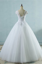 Elegant V Neck Tulle Lace White Wedding Dress Short Sleeves Appliques Gown