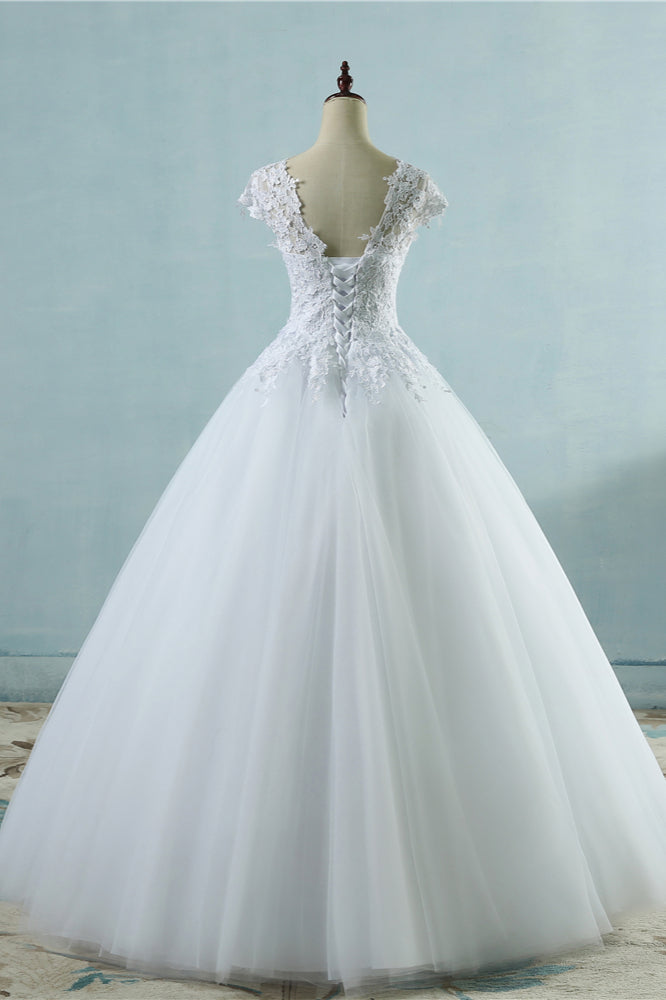 Elegant V Neck Tulle Lace White Wedding Dress Short Sleeves Appliques Gown