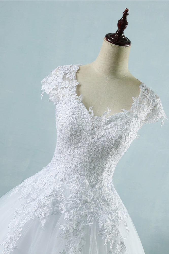 Elegant V Neck Tulle Lace White Wedding Dress Short Sleeves Appliques Gown