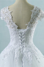 Elegant V Neck Tulle Lace White Wedding Dress Short Sleeves Appliques Gown
