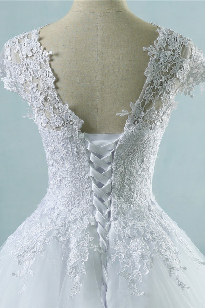 Elegant V Neck Tulle Lace White Wedding Dress Short Sleeves Appliques Gown