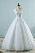 Elegant V Neck Tulle Lace White Wedding Dress Short Sleeves Appliques Gown