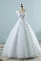 Elegant V Neck Tulle Lace White Wedding Dress Short Sleeves Appliques Gown