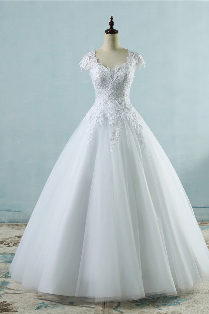 Elegant V Neck Tulle Lace White Wedding Dress Short Sleeves Appliques Gown