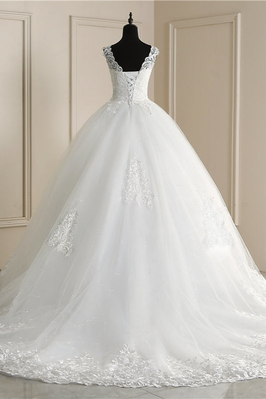 Elegant V Neck White Tulle Lace Sleeveless Wedding Dress With Appliques On Sale