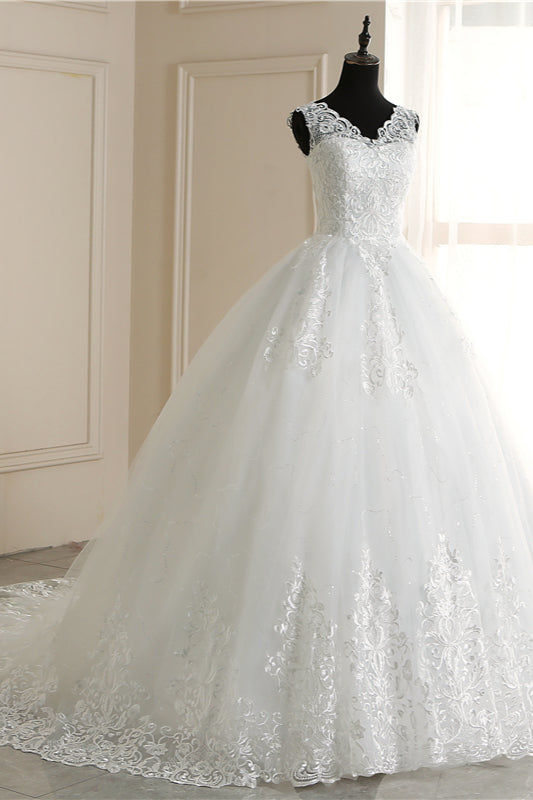 Elegant V Neck White Tulle Lace Sleeveless Wedding Dress With Appliques On Sale