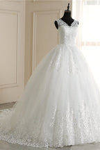 Elegant V Neck White Tulle Lace Sleeveless Wedding Dress With Appliques On Sale