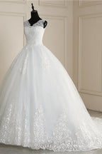 Elegant V Neck White Tulle Lace Sleeveless Wedding Dress With Appliques On Sale