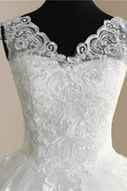 Elegant V Neck White Tulle Lace Sleeveless Wedding Dress With Appliques On Sale