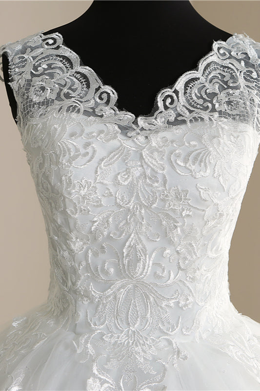 Elegant V Neck White Tulle Lace Sleeveless Wedding Dress With Appliques On Sale