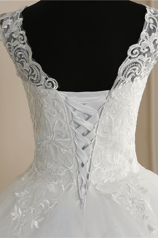 Elegant V Neck White Tulle Lace Sleeveless Wedding Dress With Appliques On Sale