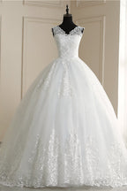Elegant V Neck White Tulle Lace Sleeveless Wedding Dress With Appliques On Sale