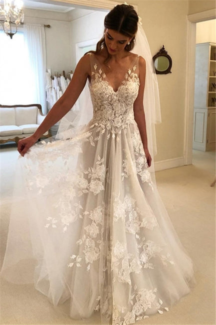 Elegante Brautkleider weiße Spitzenbrautkleider