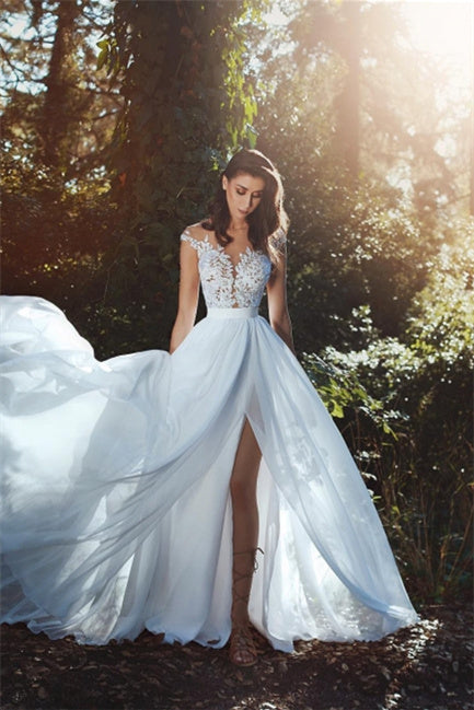 Elegant wedding dresses with lace chiffon floor-length