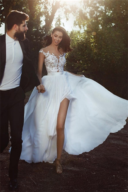 Elegant wedding dresses with lace chiffon floor-length