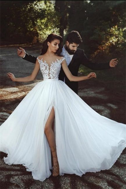 Vestidos de noiva elegantes com renda chiffon até o chão