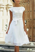 Elegant White A-line Chiffon Wedding Dress With Short Sleeve