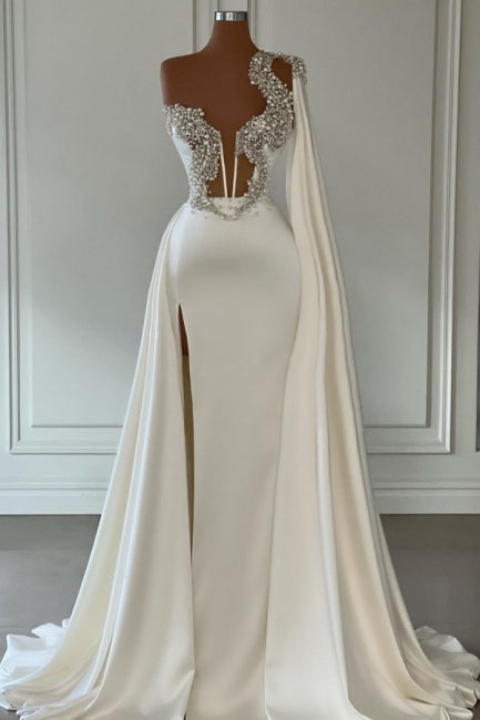 Elegante weiße A-Linie One-Shoulder-Abendkleider Lange Glitter Ballkleider mit Schlitz