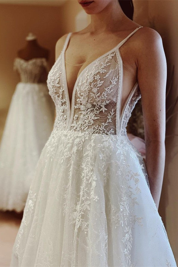 Elegant White Long A-line V-neck Tulle Backless Lace Wedding Dresses