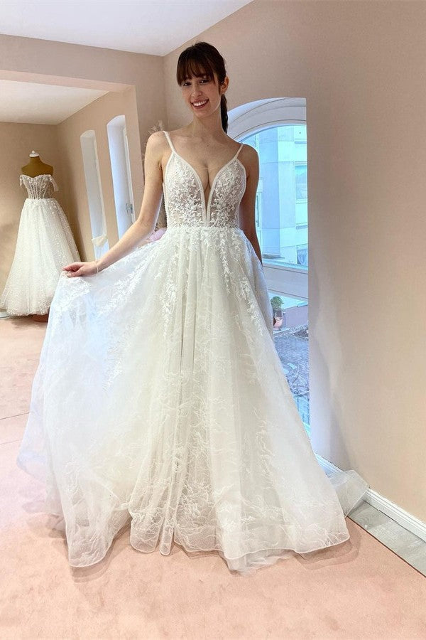 Elegant White Long A-line V-neck Tulle Backless Lace Wedding Dresses