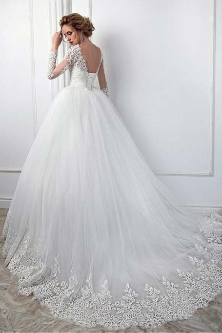 Elegant White Long Sleeves Tulle Bridal Dress Lace Appliques Aline Wedding Gown