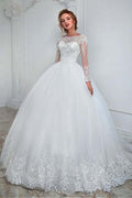 Elegant White Long Sleeves Tulle Bridal Dress Lace Appliques Aline Wedding Gown