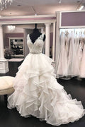 Elegant White Tulle V Neck Beaded Wedding Dress With Lace Ruffles On Sale