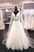 Elegant White Satin Tulle V Neck Halter Bridal Gown A Line Floor Length