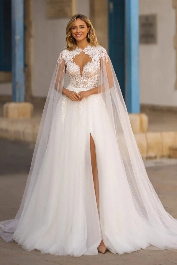 Elegant White V Neck A Line Wedding Dress With Appliques And Detachable Coat